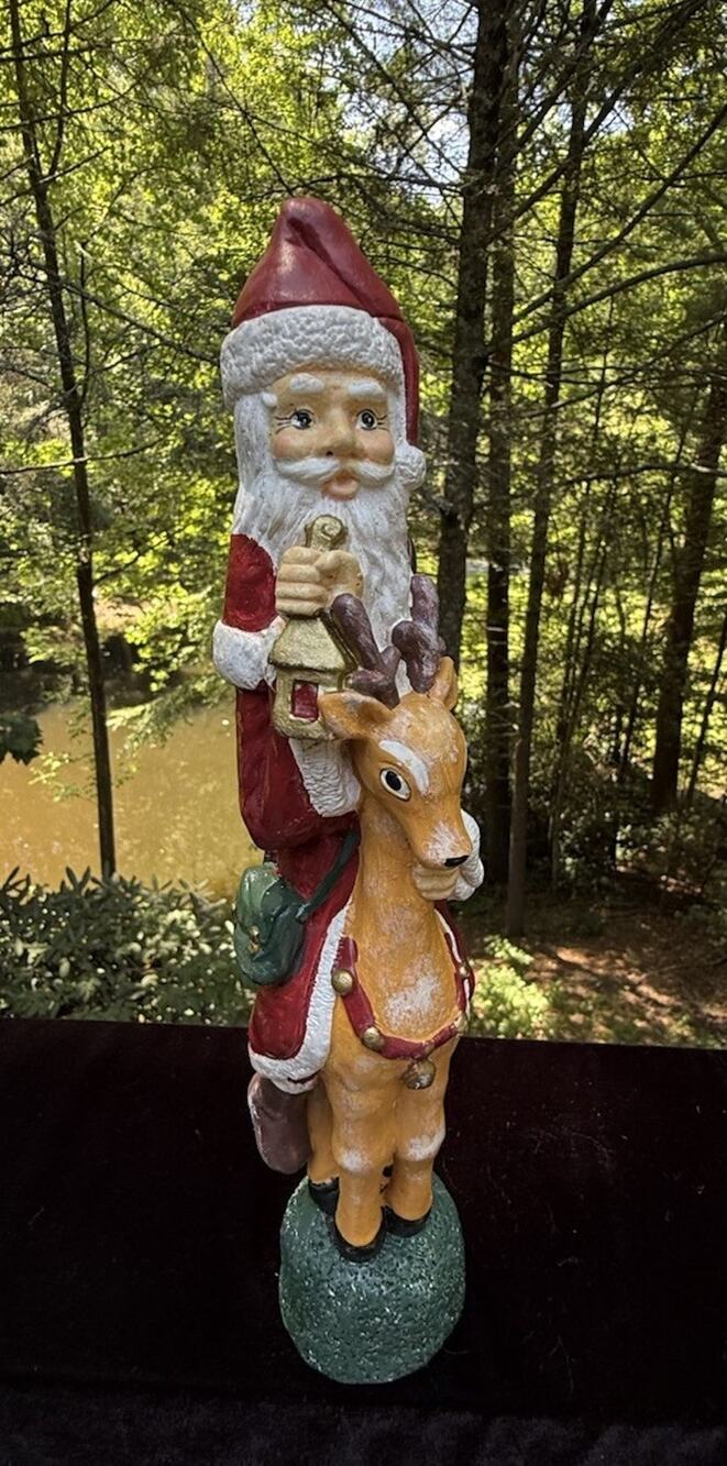 Vintage Old World Pencil Santa Candlestick Riding Reindeer Candleholder -C36
